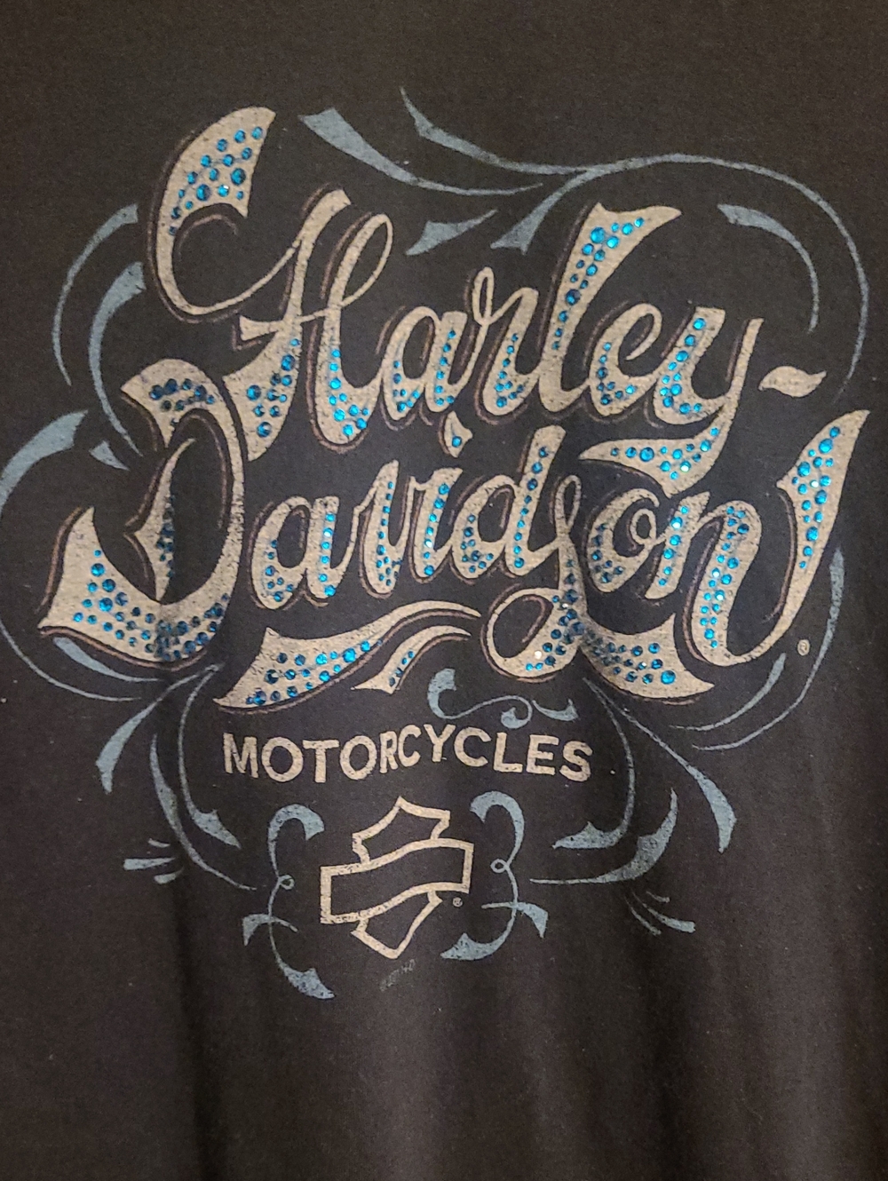 Harley-Davidson Black Tee with Teal Rhinestone Script Logo